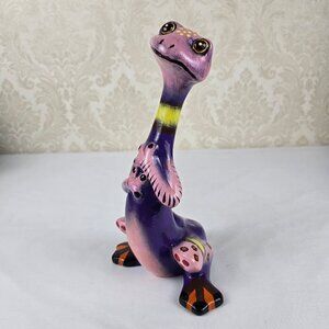 Vintage Hand Painted Pink Purple Standing Gecko Ceramic Sculpture Glazed Decor